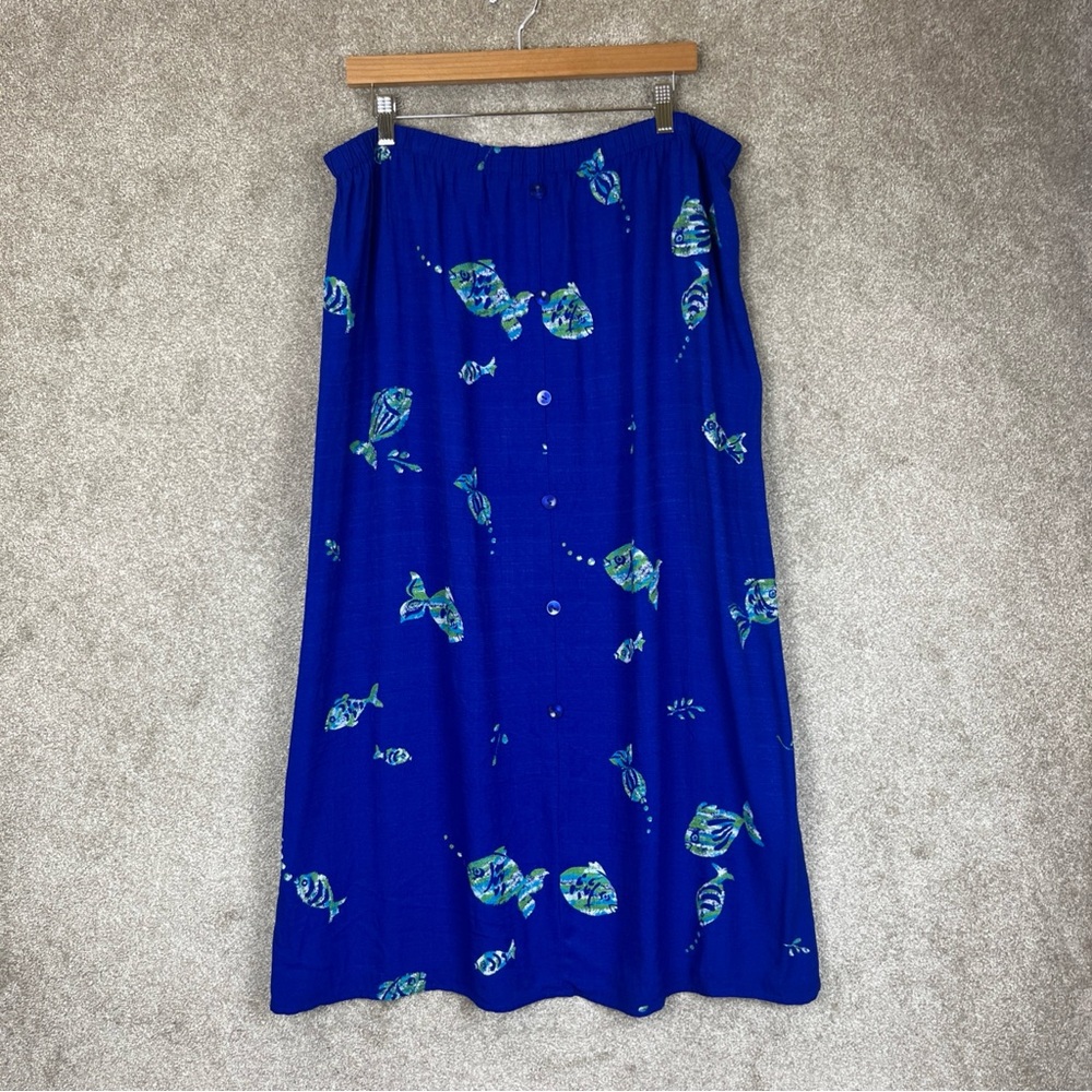 Fine Line Skirt Womens 2X Blue Fish Print Elastic Waist Boho Midi Made USA-3817